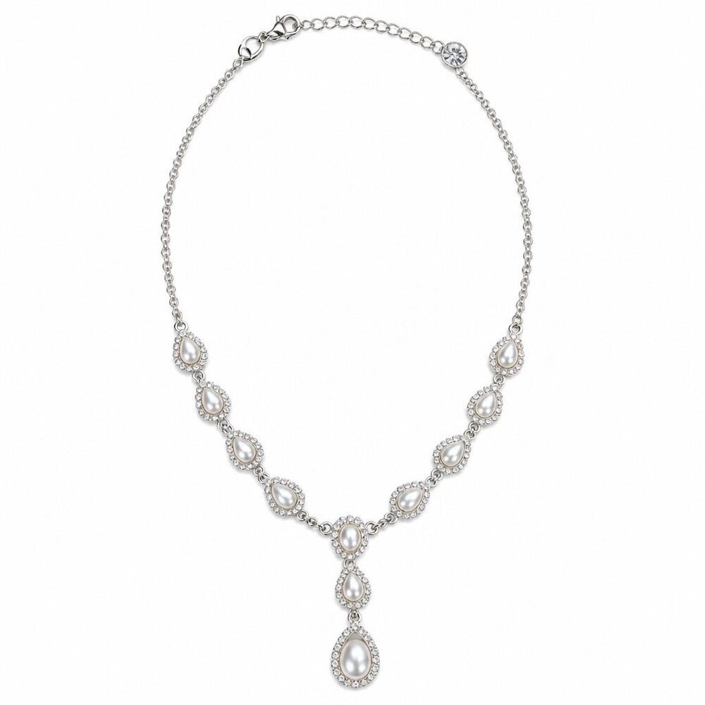 Mariell Signed The Teardrop Pearl and Crystal Y-Necklace